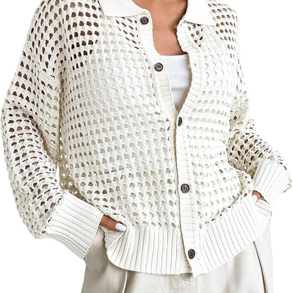 Women's Crochet Cardigan Sweater Lightweight Cardigan Hollow Out Sweater Long Sl - Picture 1 of 5